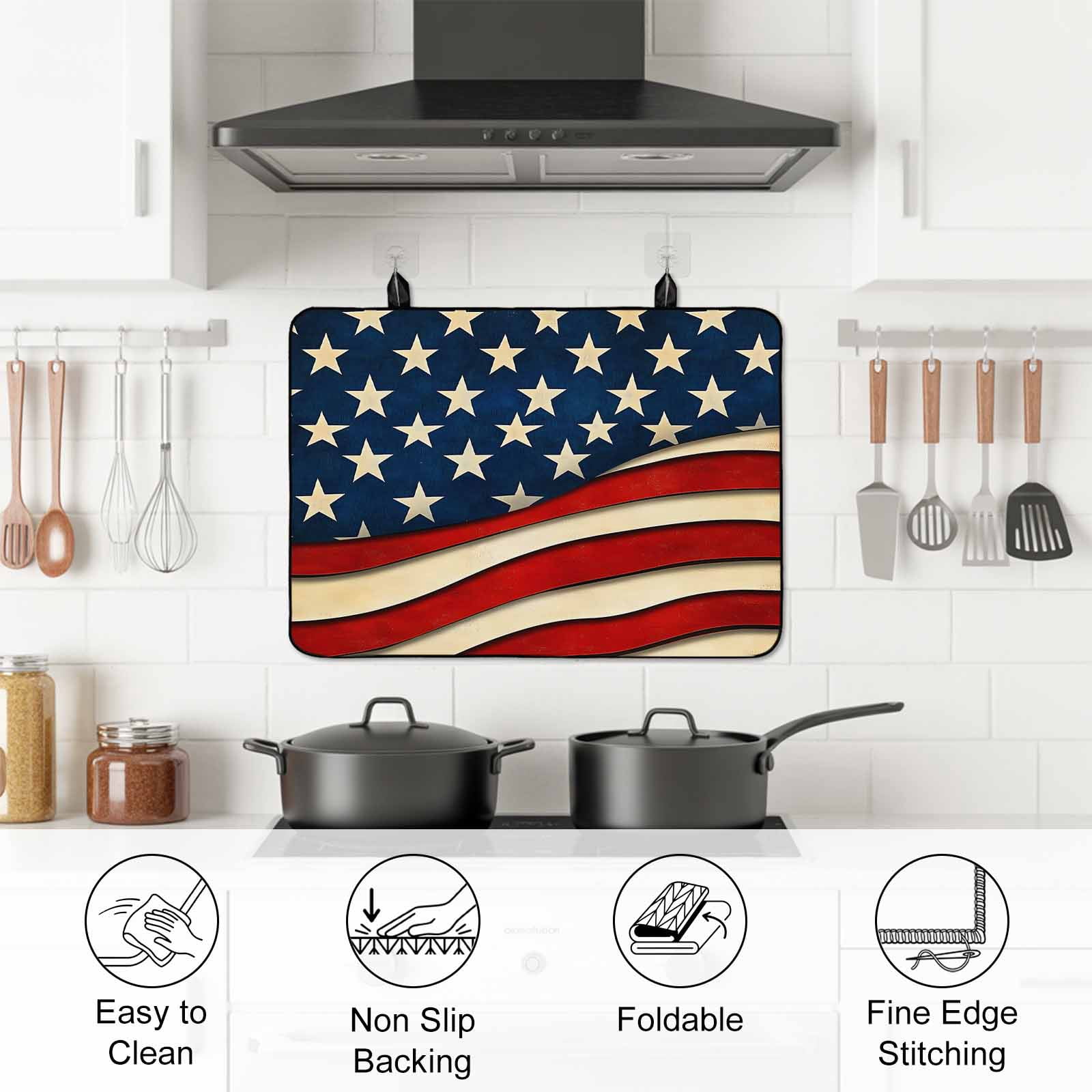Vintage American Flag Stove Top Cover for Electric Stove, Heat-proof & Non Slip Glass Top Stove Cover Protector, Red Beige Waves Kitchen Flat Cooktop Rubber Mat 24x21 Inches