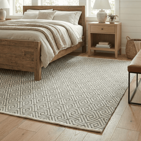 FH Home Machine Washable Area Rug - Hand Woven, Stain Resistant, Pet Friendly - Premium Recycled Polyester Yarn - Diamonds - Bedroom, Living Room - Veria - Gray & White - 4 x 6 ft