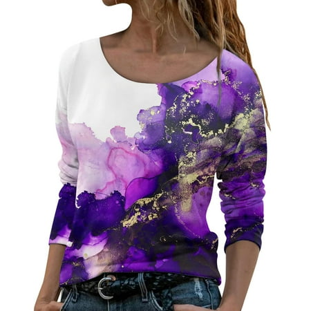 

koaiezne Women Casual Fashion Crew Neck Sweatshirt Top Print Pattern Long Sleeve T Shirt Top Blouse Casual Top Scrub Shirts for Women Long Sleeve Long Sleeve Work Out Shirt