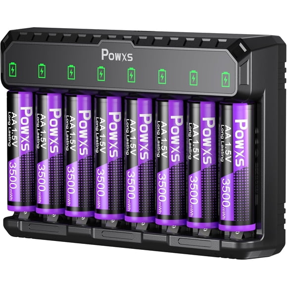 POWXS Rechargeable Batteries AA Lithium with Charger 3500mAh 1.5V 8Pack, Ultra Long-Lasting Double A AAA NIMH NiCd Batteries Universal Charger, 20Year Shelf Life, Leakproof