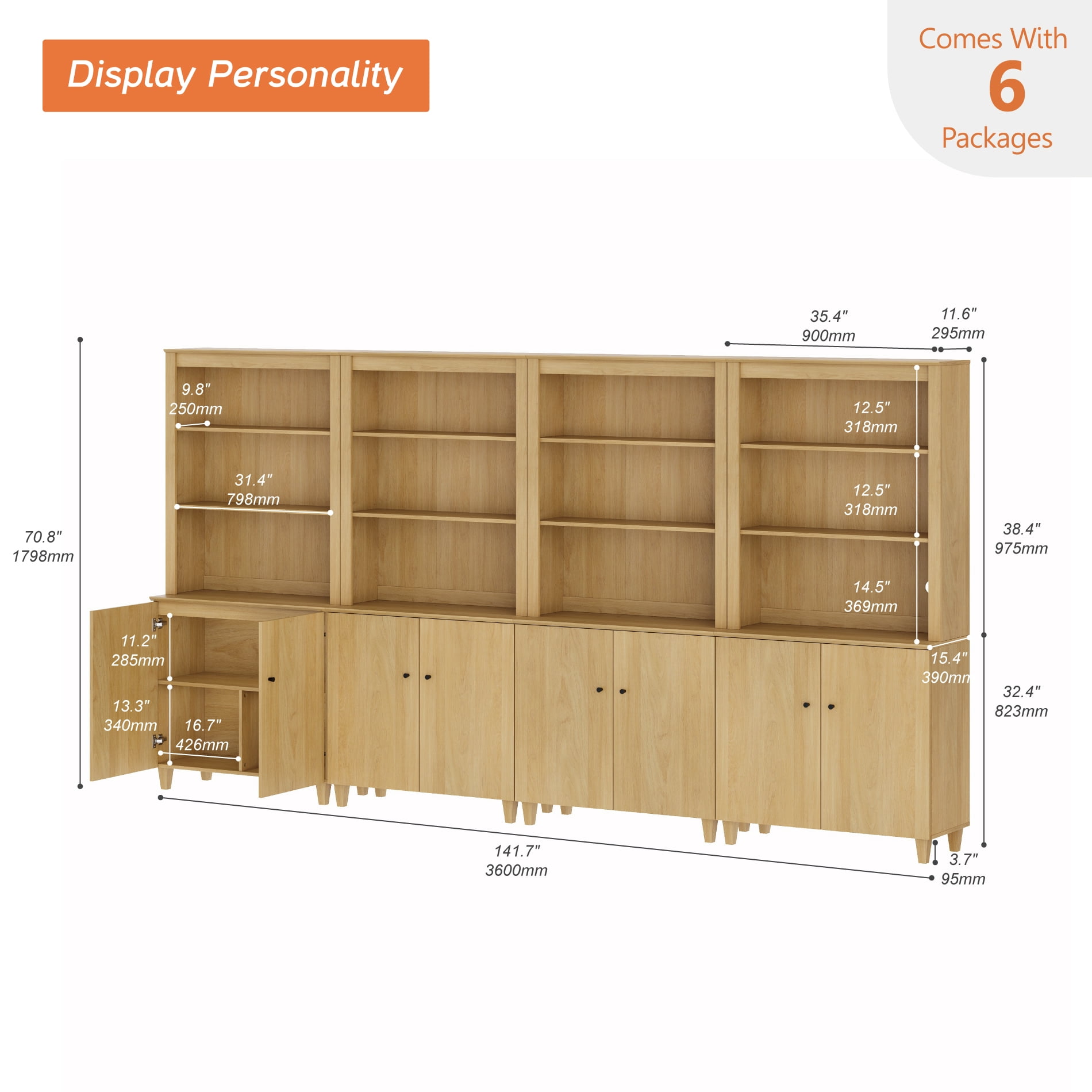 WAMPAT Modern 71" Tall Pantry Cabinet with Doors and Adjustable Shelves for Dining Room, 4-Column 5-Tier, Oak Wood