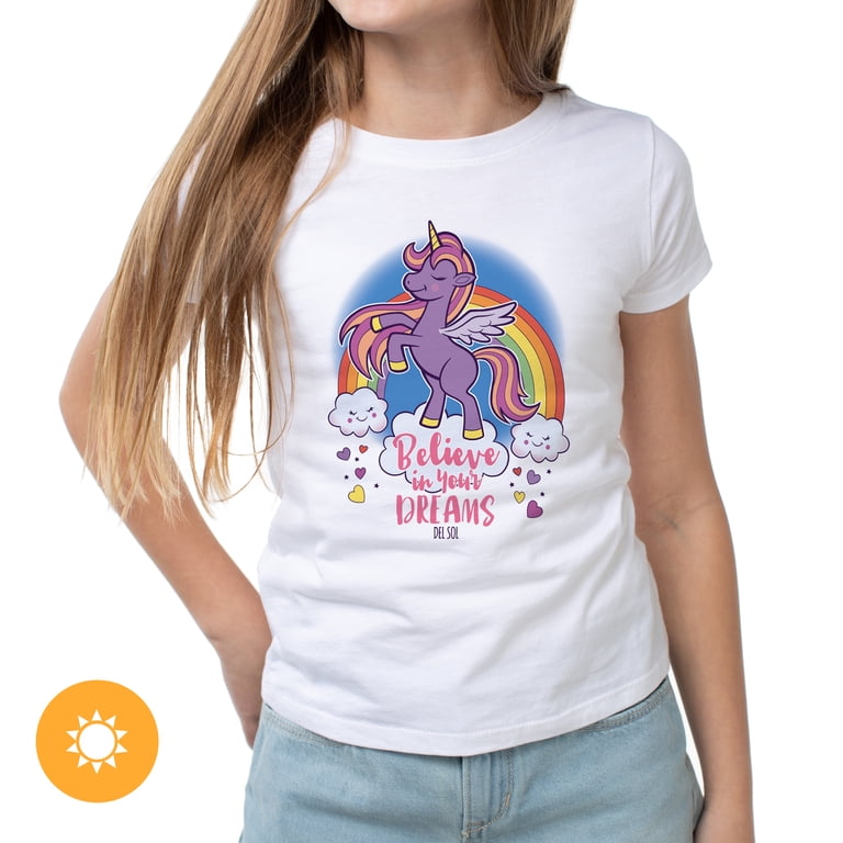 Del Sol Maglietta Bambina Unicorno 'Believe' Che Cambia Colore Al Sole - Cotone 100% Jersey, Taglia YS
