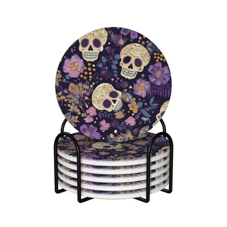 

XMXY Drink Coasters with Holder for Coffee Table Skulls Flowers Absorbent Ceramic Cups Coaster Sets 6 Pack 4 Inches Round Shape