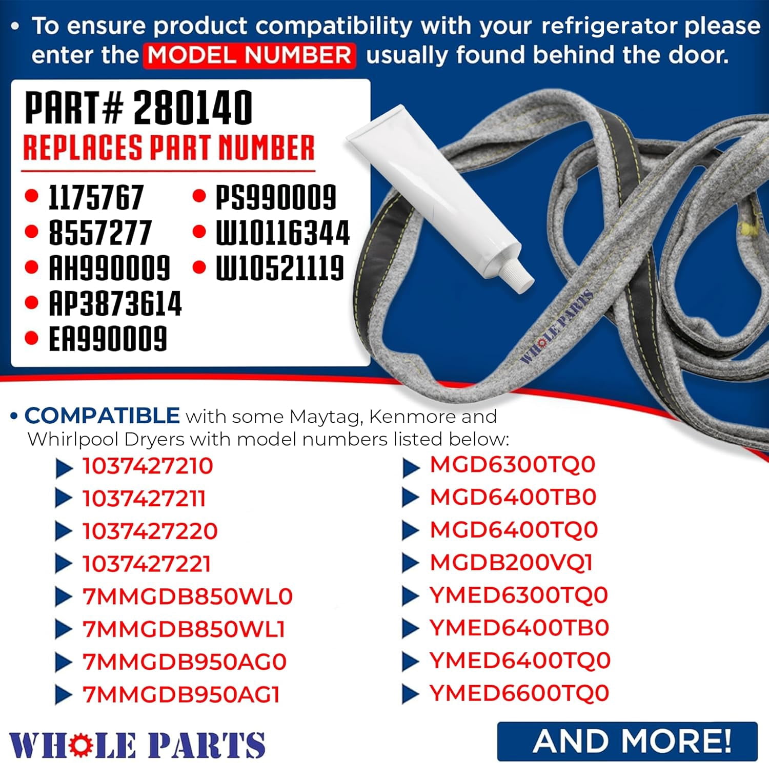 Whole Parts Dryer Drum Felt Seal Gasket, Including Adhesive, Part# 280140 - Replacement & Compatible with Some Maytag, Kenmore and Whirlpool Dryers