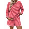 thumbnail image 2 of 2 Piece Sets for Women Summer Cute Stripe Long Sleeve Knit T Shirts Shorts Matching Lounge Set Rose Red L, 2 of 8