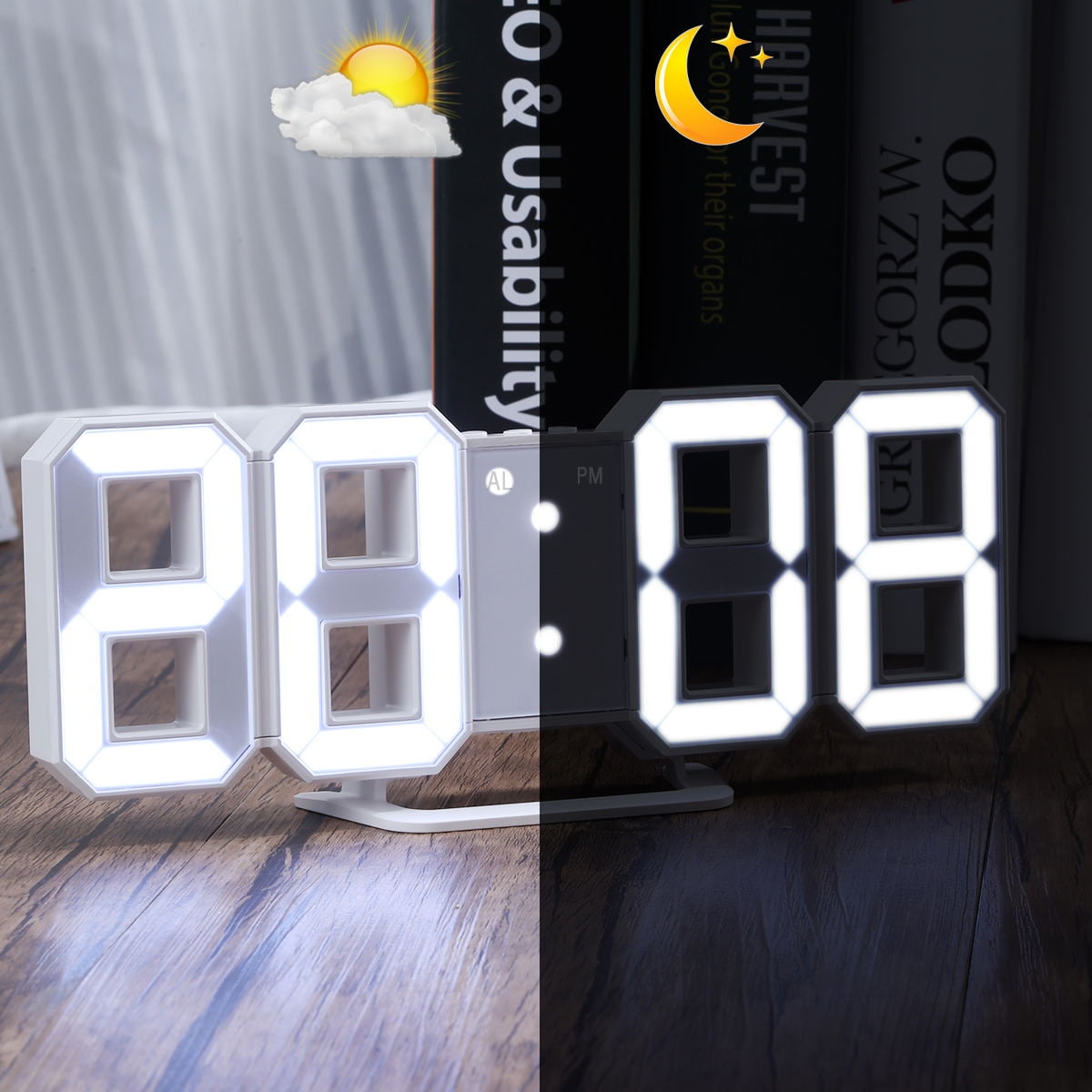 Digita LED Digit 3D Table Wall Clock Dimmer Alarm Snooze Temperature White Moder 
