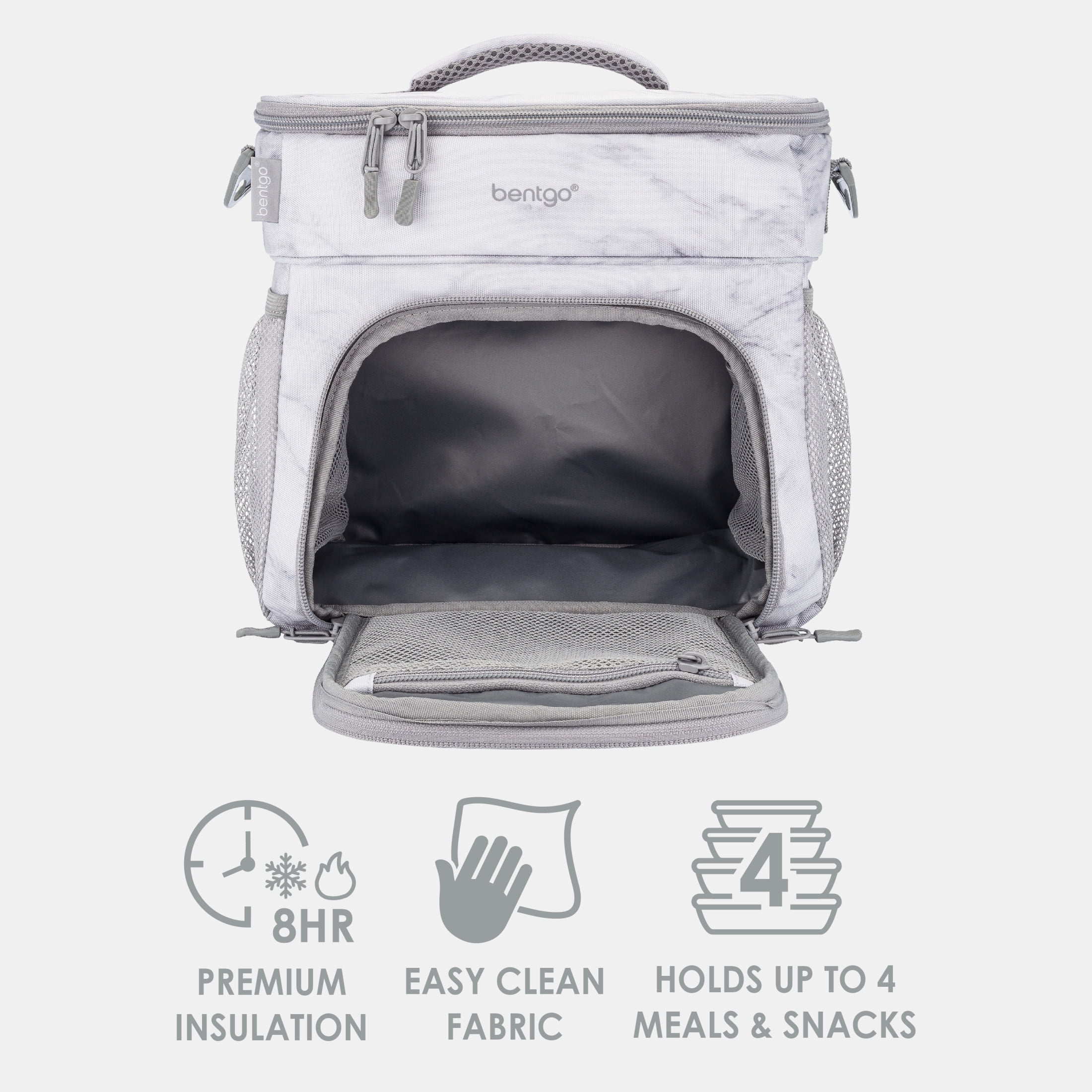 Bentgo Prep Deluxe Insulated Multimeal Bag - Lunch Box Bag, Holds 5 Meals, Premium Insulation up to 8 Hrs, Durable, Water-Resistant - Large Capacity For Adult Meal Prep (White Marble)