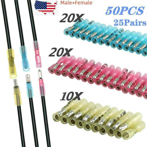50PCS Heat Shrink Bullet Wire Connectors 22-10AWG Male Female Crimp Terminals