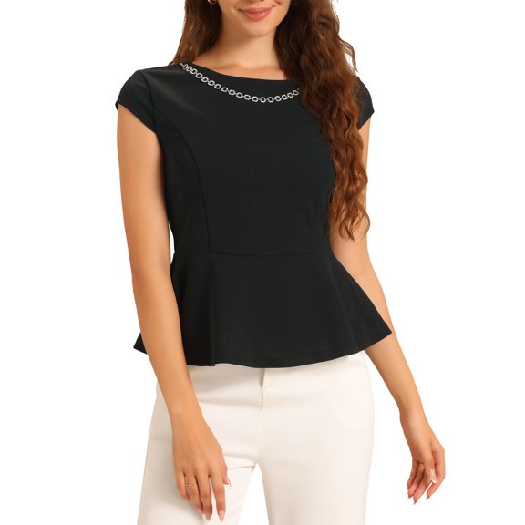 INSPIRE CHIC Peplum Top for Women's Round Neck Workwear Cap Sleeve Business Plain Blouse XS Black