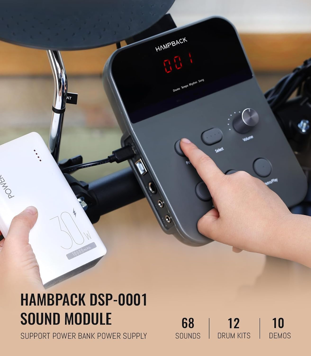 HAMPBACK MK-0 Electric Drum Set with 7'' Mesh Pads, 8'' Cymbals, 12 Kits, USB MIDI, Suitable for Beginners Aged 3-12 at The Entry Level