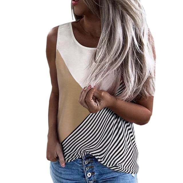 Nouveau T-shirt Sans Manches à Col Rond Rayé Contrasté pour Femmes