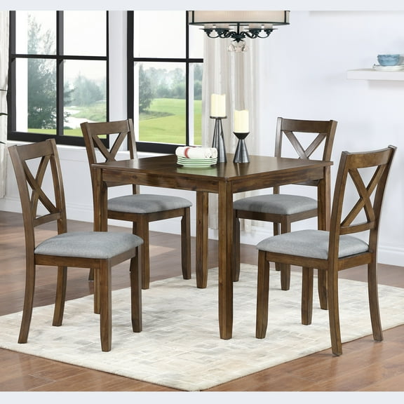 Noble House 5-Piece Dining Set, Square Wooden Table with 4 Upholstered Chairs for Kitchen and Dining Room, Walnut