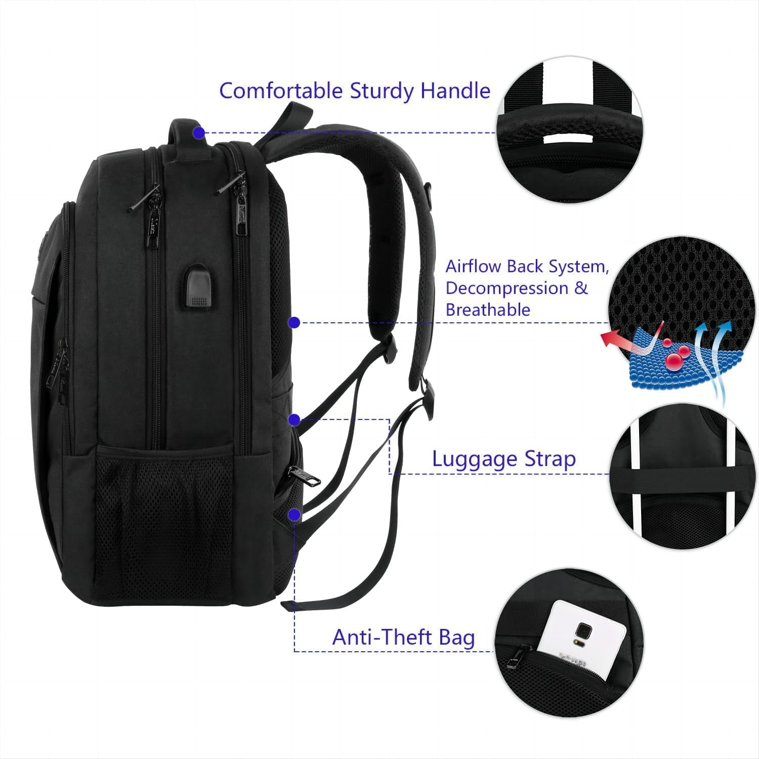 GlneYos Travel Laptop Backpack for Men,Business Backpack with Usb Charging Port, 17.3 inch Extra Large  waterproof Lightweight College Computer Bag,Black