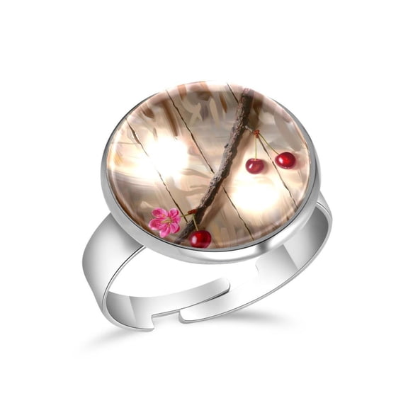 PhooArto Cherry on Wood Board Stainless Steel Rings for Women, Open Adjustable Ring Promise Ring Jewelry Gifts