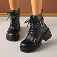 thumbnail image 4 of Black Women'S Casual Boots With A Biker Style, Round Toe, Lace-Up Front, Belt Buckle, Mid Heel For Height, 4 of 9
