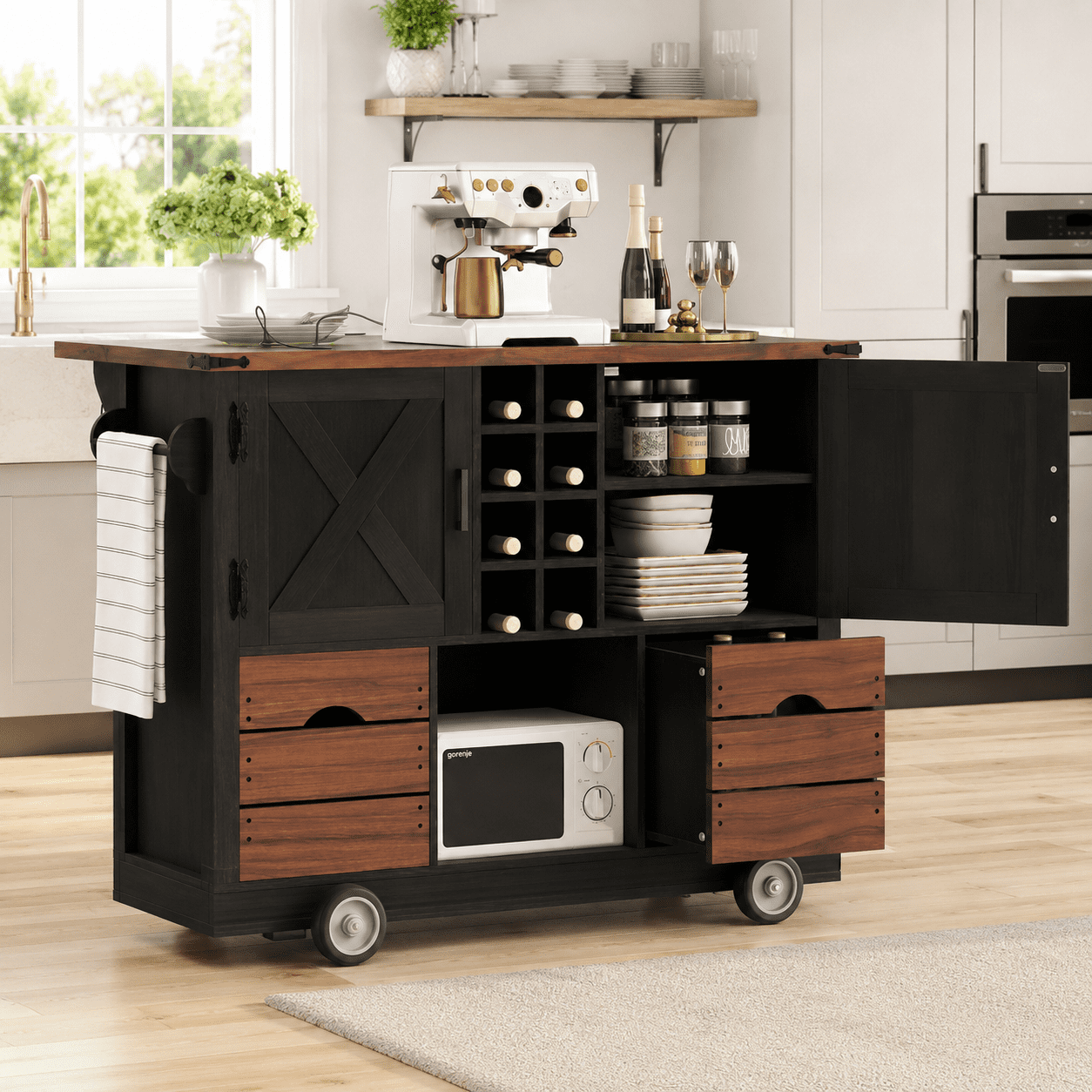 Homy Casa Farmhouse Rolling Kitchen Island Cart with Drop Leaf and Wine Rack