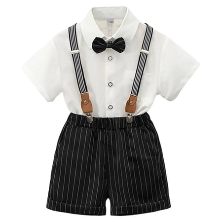 Quealent Boys Formal Suit Short Sleeve Dress Shirt with Bowtie and Suspender Shorts Casual Gentleman Wedding Party Clothes (White 9-10 Years)
