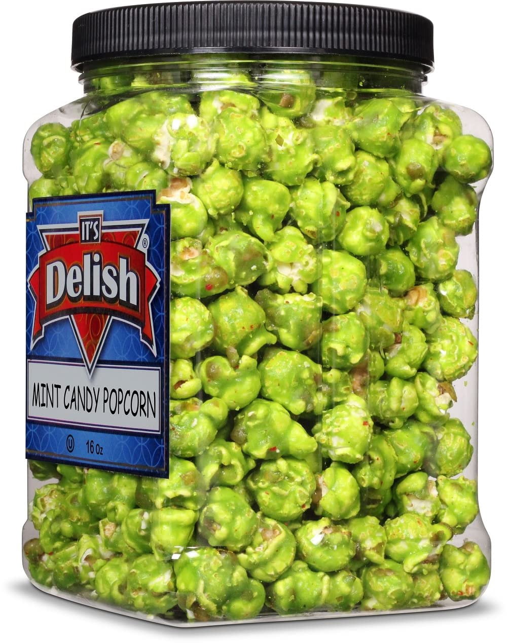 Green Mint Candy Popcorn by Its Delish, 16 Oz Jumbo Reusable Container, Festive Air Popped Sweet Crunchy Caramelized Popcorn - Refreshing Snack for Desserts, Parties, Candy Buffet  Vegan, Kosher