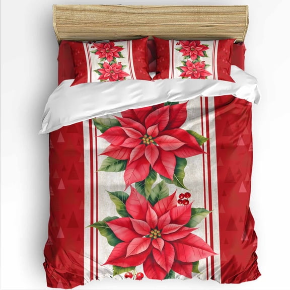 Christmas Poinsettia King Size Comforter Set, Red Flower Green Leaf Xmas Tree Winter Soft Bedding for All Seasons, 4 Pcs Bed Set with 1Comforter (90"x106") ,1 Sheet(94"x116"), 2 Pillowcases (19"x35")