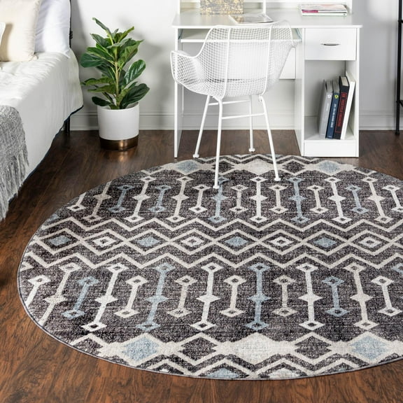 Unique Loom Eco Trellis Collection Area Rug - Native (7' Round Charcoal Gray/Light Blue)