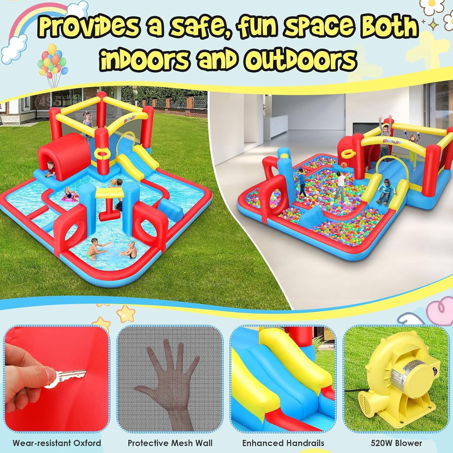 Adnoom 7 in1 Inflatable Water Slide Park for Kids 3~8 Years, Indoor/Outdoor Obstacle Course Bounce House Splash Pool with 520W Blower, Slide,BasketBall Hoop,Jumping Area Wet & Dry Bouncy Castle