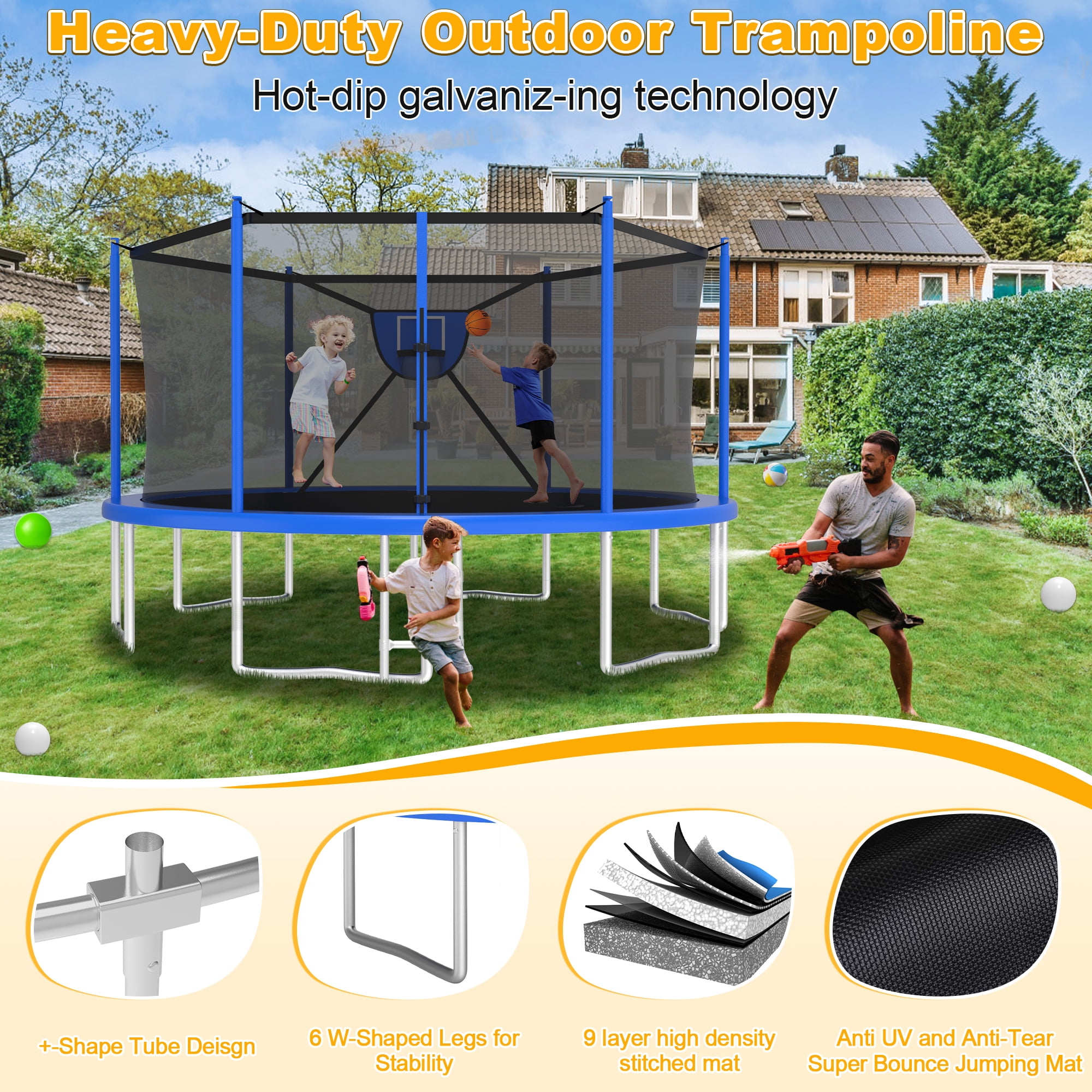 XMIKA Trampolines with Enclosure Net 1500LBS 16FT Heavy Duty Trampoline for Kid Adult Outdoor Anti-Rust Trampolines with Basketball Hoop, Light, Sprinkler, Ladder, Backyard Recreational Trampoline