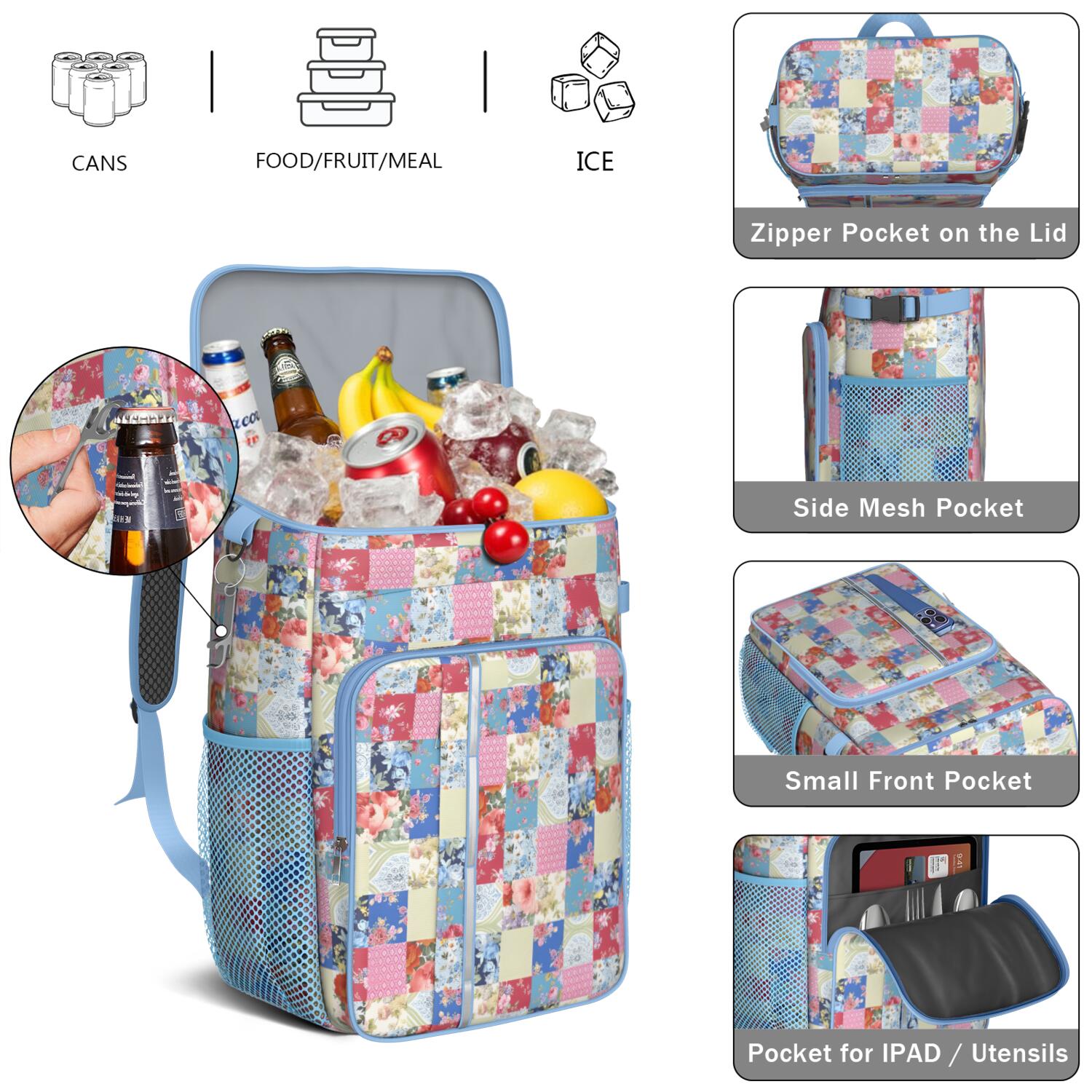 Travel Cooler Bag - Boho Bohemia Flower Camping Beer Cooler Backpack with Bottle Opener- Waterproof Insulated Picnic Backpacks - Cooler Bag for Beach