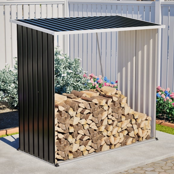 Outdoor Metal Storage Shed 62 cu. ft. Firewood Rack & Patio Organizer, Weatherproof Sloped Roof Garden Tool Shed for Backyard Lawn Mower Yard Equipment, Black