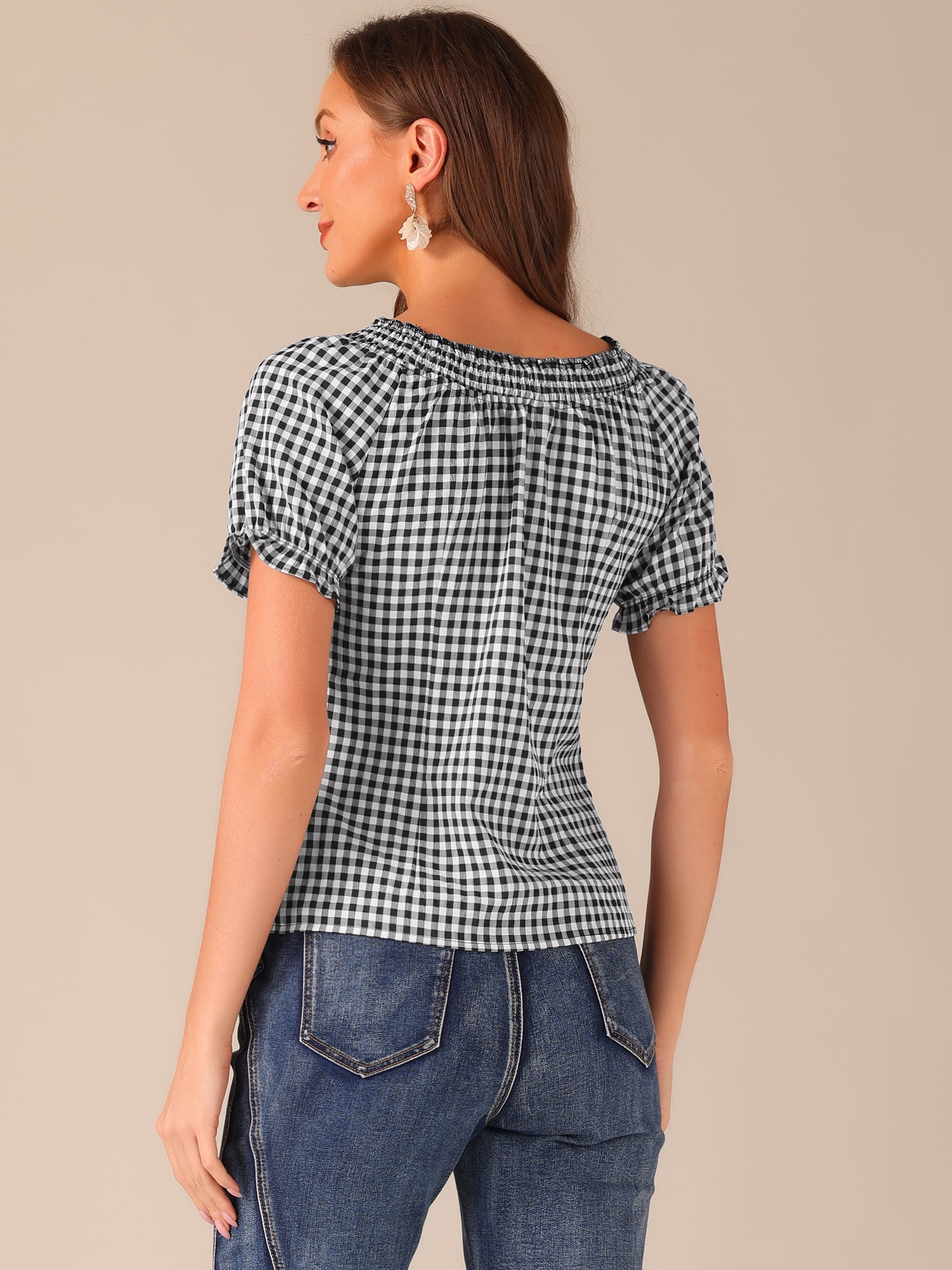 DARING DIVA Woman's Peasant Ruffles Puff Sleeve Gingham Plaid Top L Black