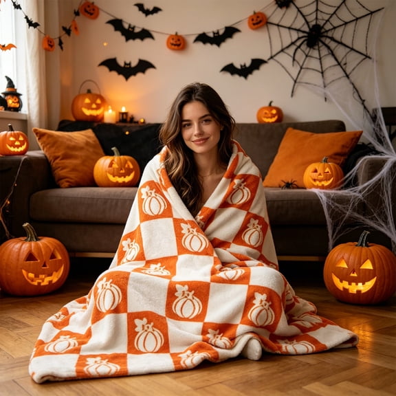 LOWLHOME Halloween Throw Blanket Orange Checkered Pumpkin Throw Blankets, Warm Cozy Lightweight Flannel Blanket, Bedroom Living Rooms Couch Decorations, Orange, 1 Count, 79*59 in
