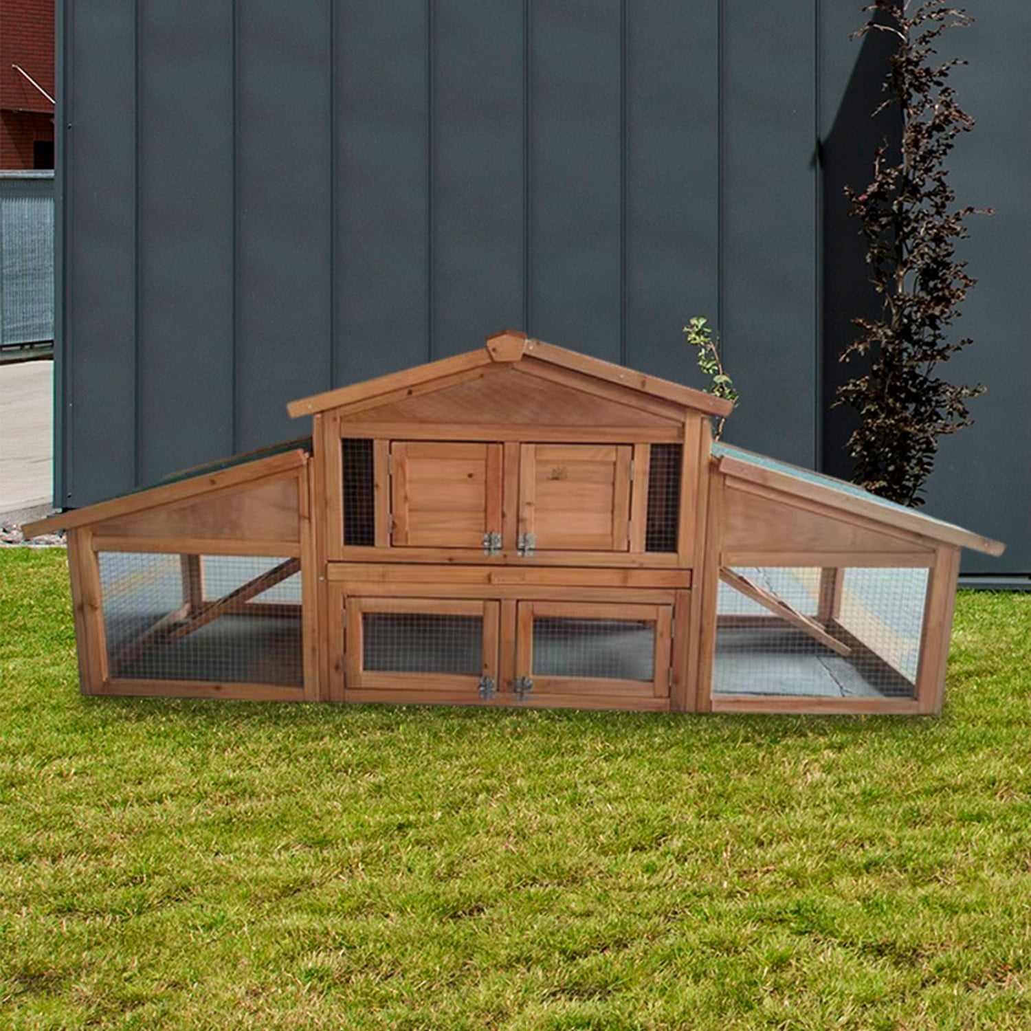 Pefilos 70" Large Wooden Outdoor Rabbit Hutch Chicken Coop with Ramp, Weatherproof Roof, UV Resistant, Indoor Outdoor Double Layer Luxury Pet Cage, Natural Pefilos 70" Large Wooden Outdoor Rabbit Hutch Chicken Coop with Ramp, Weatherproof Roof, UV Resistant, Indoor Outdoor Double Layer Luxury Pet Cage, Natural