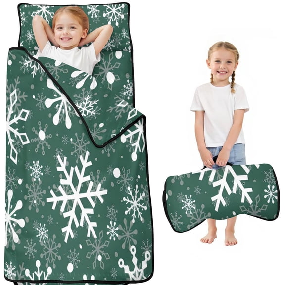 Green Christmas Snowflake Pattern Toddler Nap Mats for Kids Preschool,50"x20" Sleeping Mat Bag or Kids,Toddler Sleeping Bag,Toddler Nap Mat or Daycare
