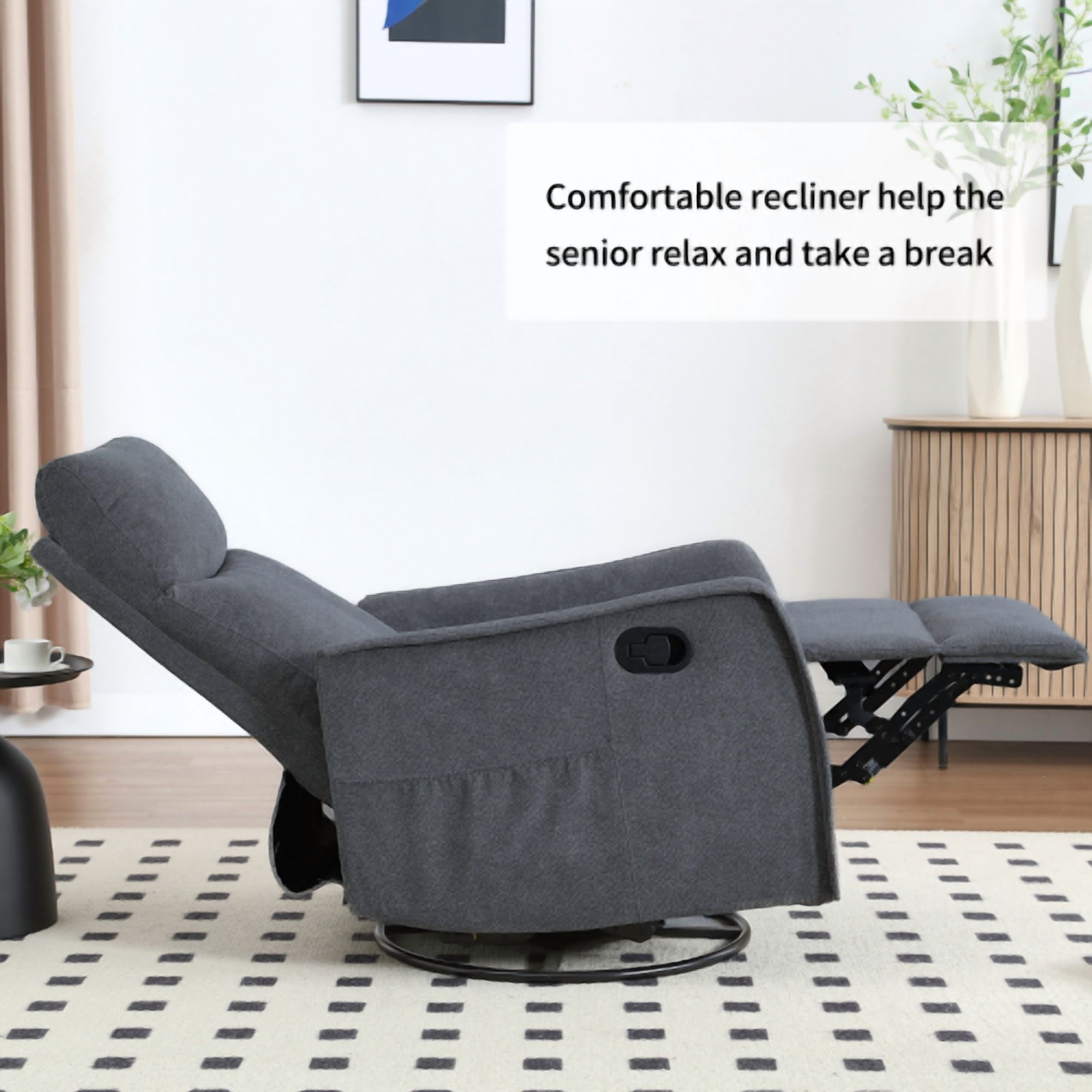 Leumius Recliner Chair with Massage and Heat,360° Manual Swivel Rocker Chair for Adults,Upholstered Fabric Glider Recliner Nursery Chair with Side Pockets for Living Room,Dark Gray