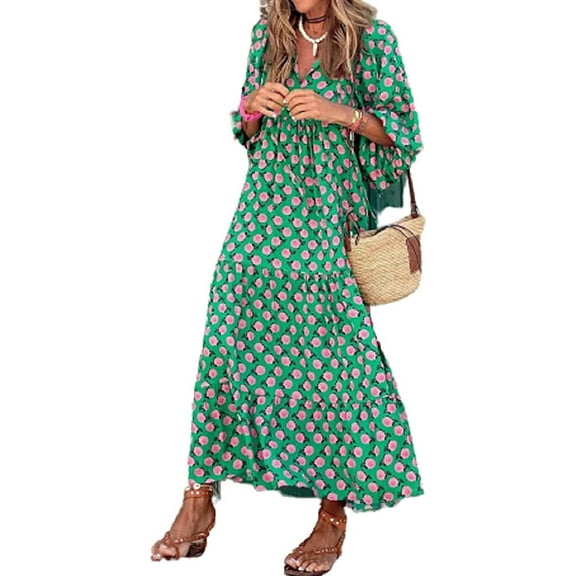 Women Short Puff Sleeve V Neck Maxi Dress Summer Boho Floral Printed Dress Smocked Tiered Flares Sundress