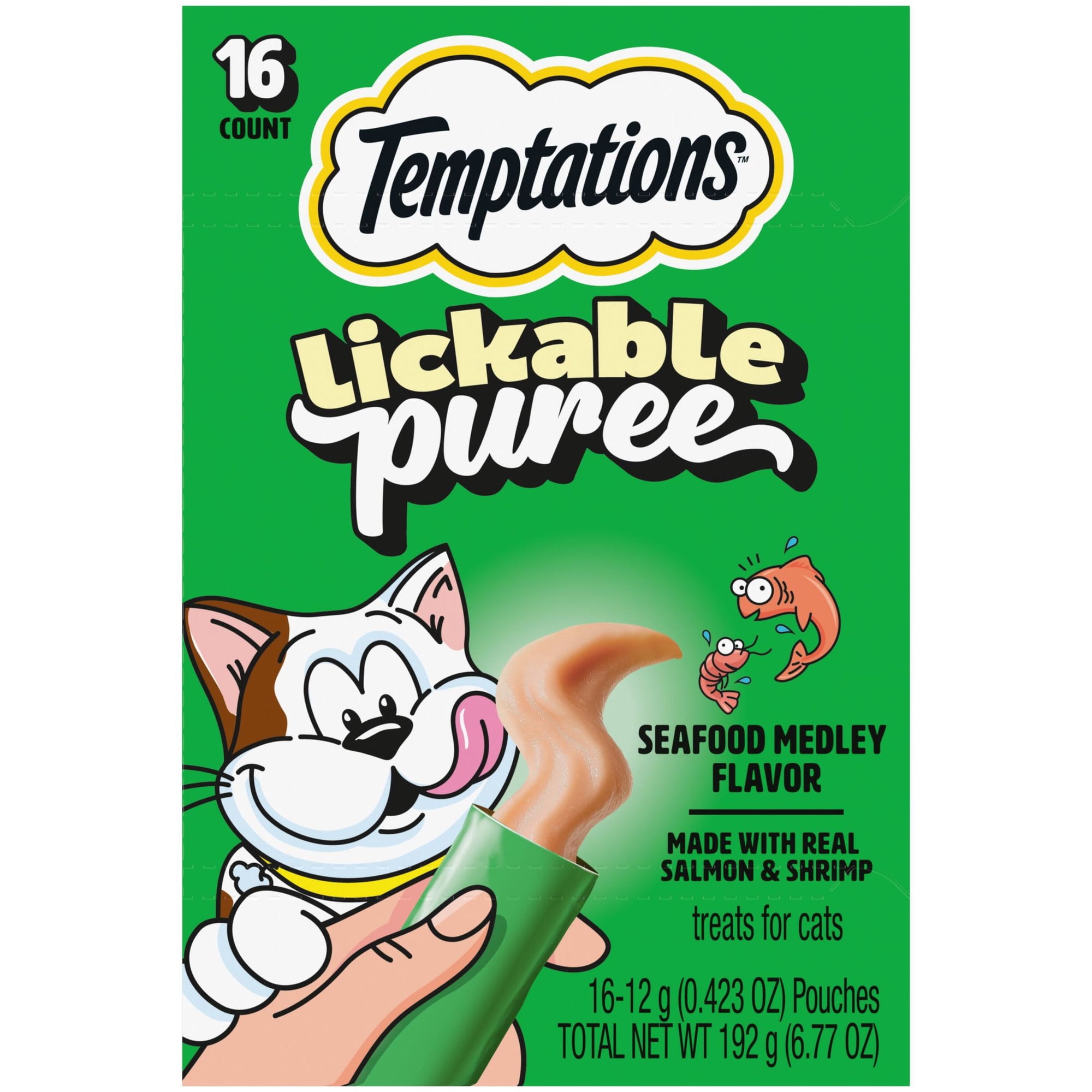 Temptations Creamy Puree Mixups Seafood Medley Flavor Treats for Cats, 6.7 oz Pouches (16 Pack)