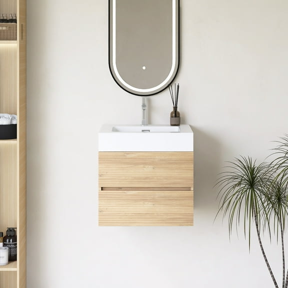 24" Wall Mounted Floating Bathroom Vanity in Oak with White Quartz Sink