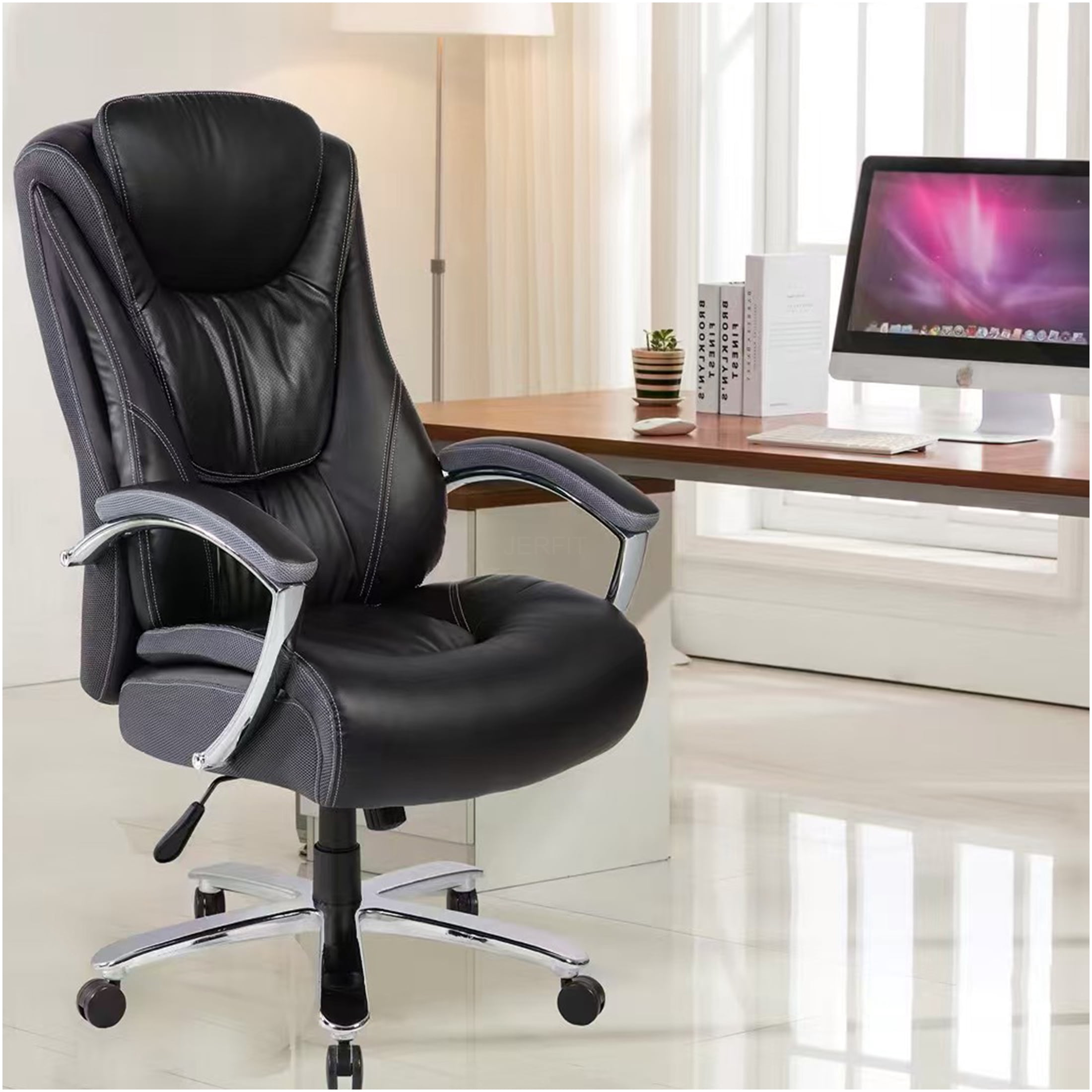 JERFIT Ergonomic Office Chair with Lumbar Support, High Back PU Leather Executive Desk Chair, Adjustable Flip Arms & Tilt for Home Office, Black