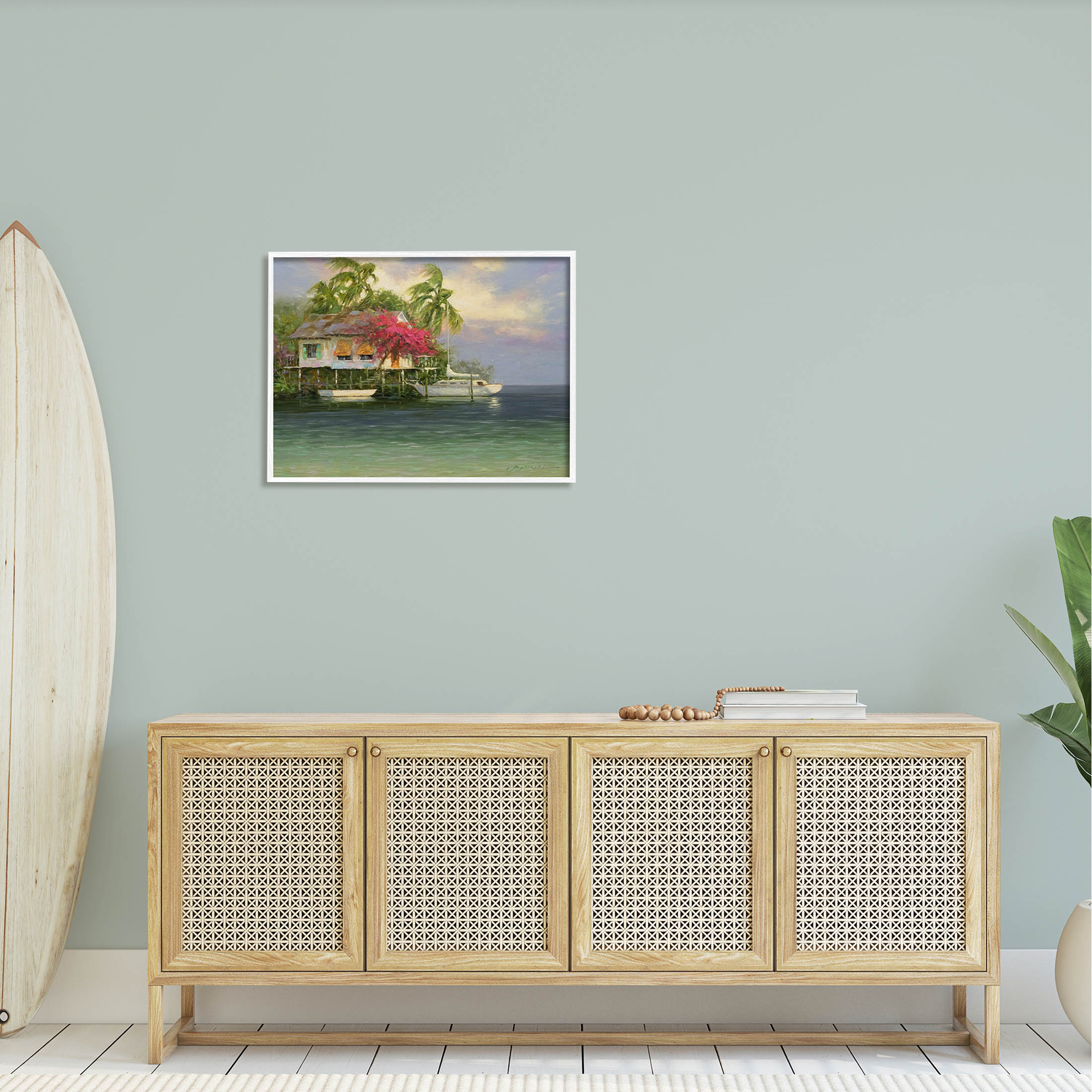 Summer Coastal Vacation Cottage Landscape Painting White Framed Art Print Wall Art