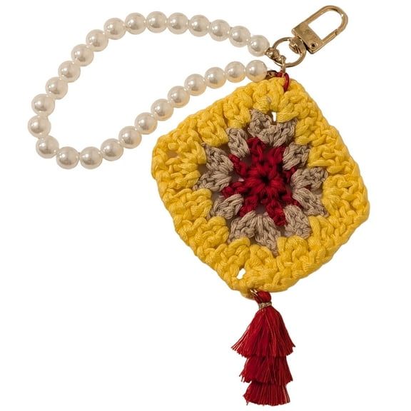 Goosavvy Pearl Bracelet with Yellow Crochet Flower and Red Tassel – Keychain, Phone, and Bag Accessory