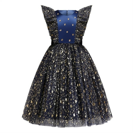 

B91xZ Floral Dress Toddler Kids Baby Girl Ruffle Pageant Party Wedding Sequin Sparkling Tulle Dress Girl Girls Back Dress Dark Blue 4-5 Years