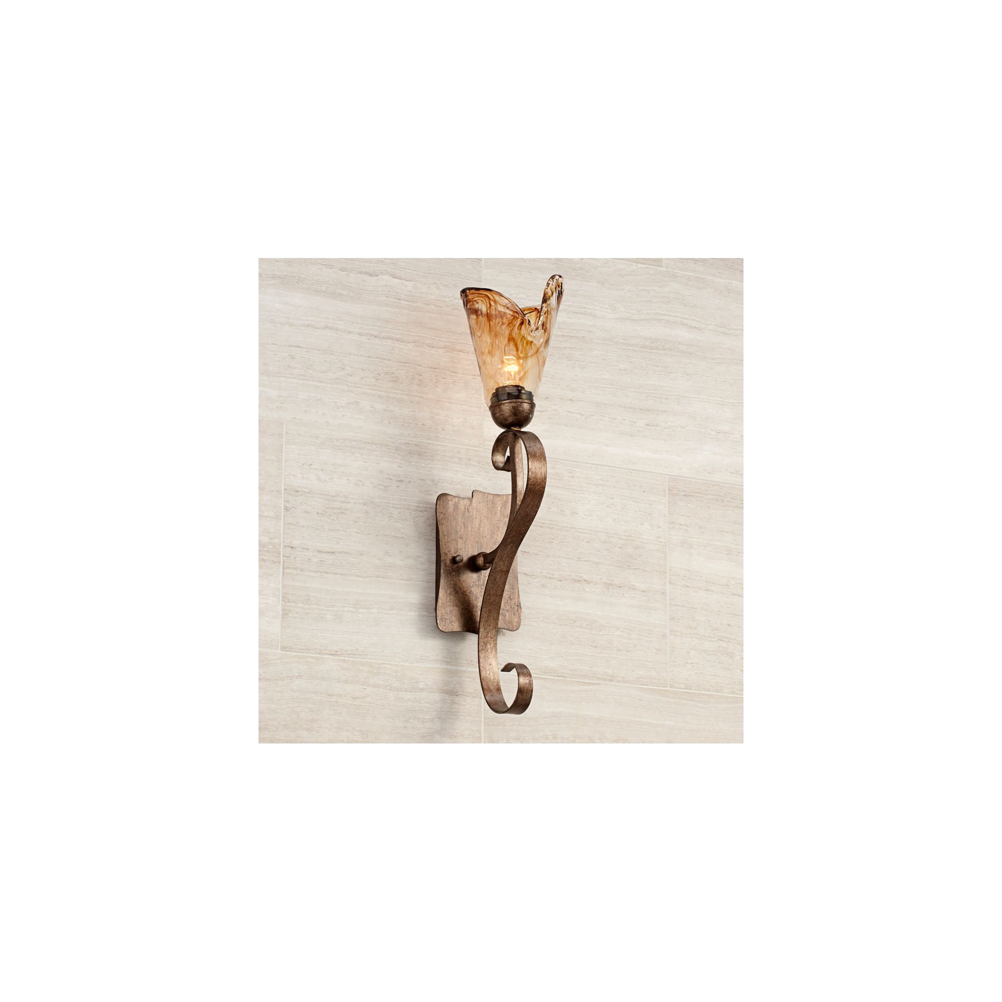Franklin Iron Works Amber Scroll Rustic Wall Light Sconces Set of 2 Golden Bronze Hardwire 23 1/2" Fixture Art Glass for Bedroom Bathroom Vanity Home