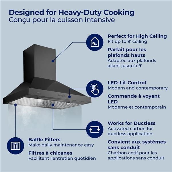 Hauslane | Chef Series 30 WM-590 | Black Stainless Steel Fingerprint and  Smudge Resistant | 3 Speed Wall Mount Kitchen Fan | Easy Clean Baffle