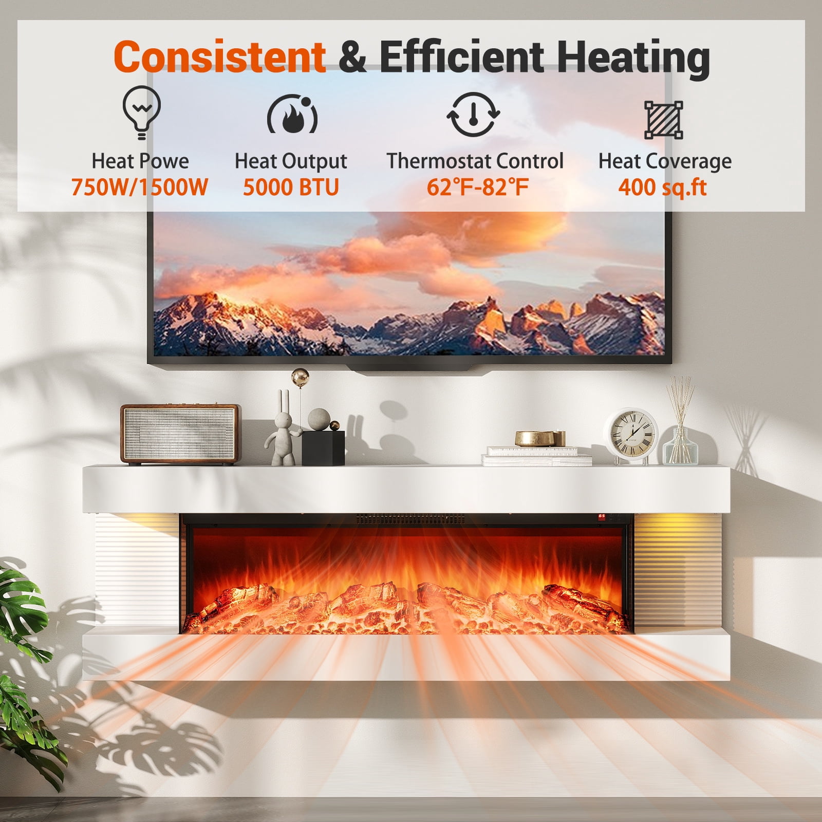 Gymax 18'' 3-Sided Wall Mounted Electric Fireplace w/ 32''Wide Floating Mantle