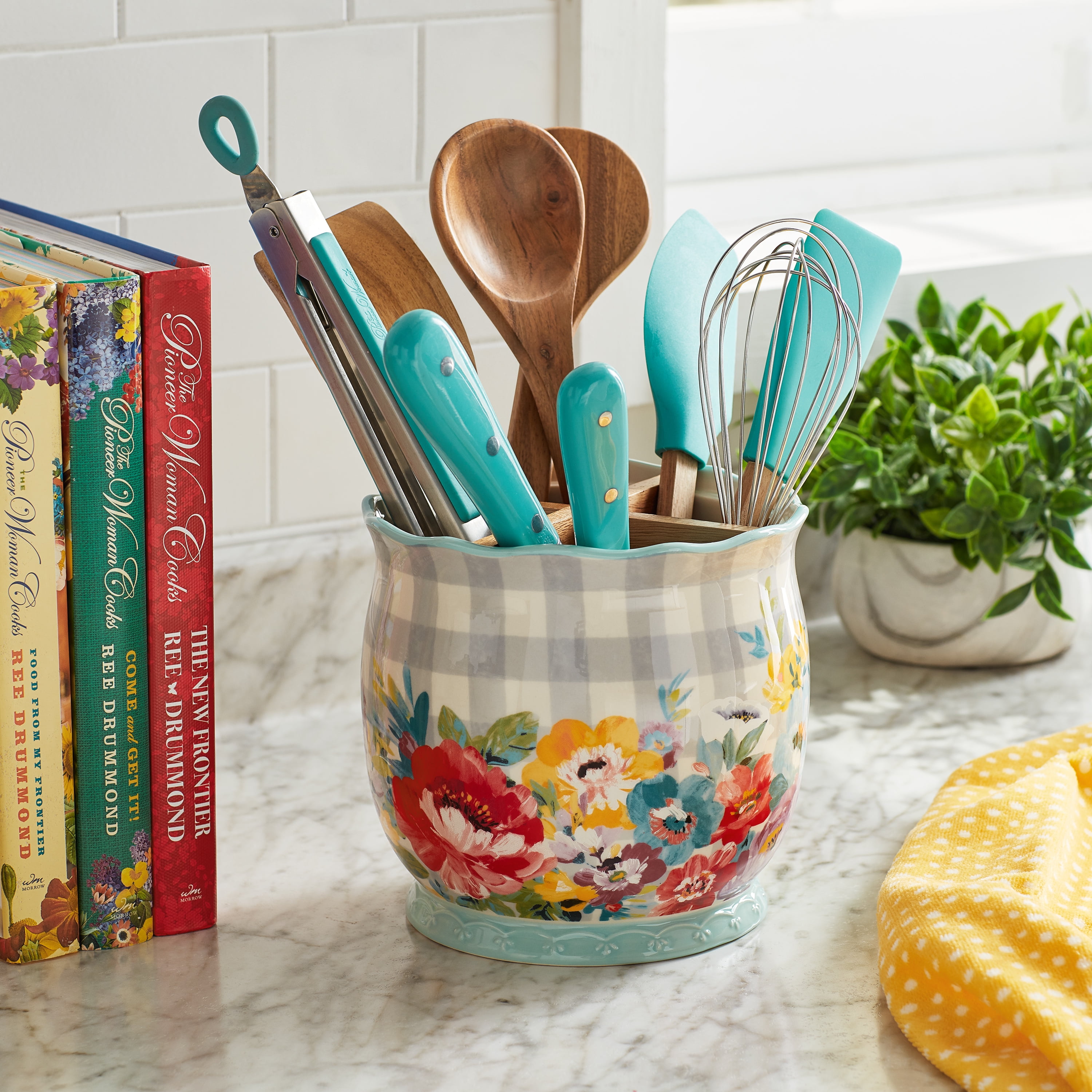 The Pioneer Woman Sweet Romance Ceramic Utensil Crock with Wood Divider Walmart