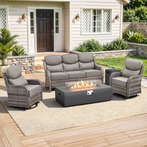 PARKWELL Patio High-Back Furniture Set with Fire Pit Table, Outdoor Luxury Oversized Sectional Swivel Rocker Chairs Sets, Wicker Conversation Set for Porch, Balcony, Deck, Gray/Gray