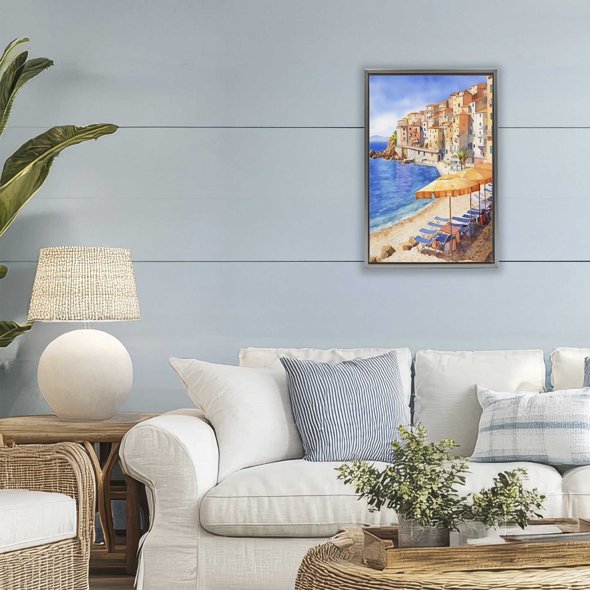 Stupell Industries Beach Lounging on Mediterranean Shore Gray Framed Floater Canvas Wall Art, design by Creative Studio