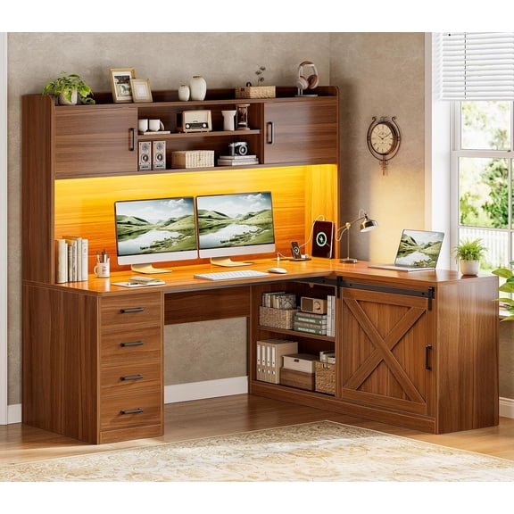 55" Farmhouse L Shaped Computer Desk with 4 Drawers and Storage Shelves, Corner Office Desk with LED Lights and Hutch