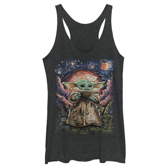 Women's Star Wars: The Mandalorian The Child Starry Night Racerback Tank Top Black Heather 2X Large