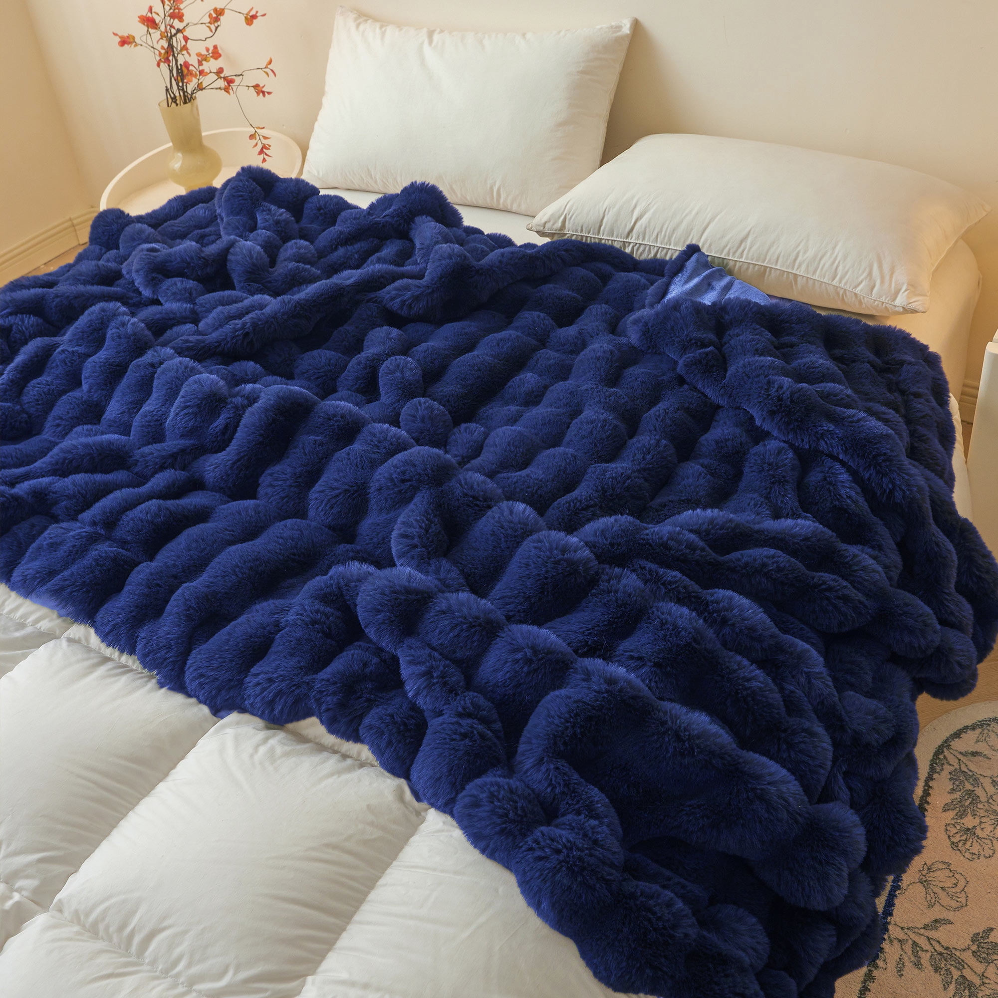 LIFEREVO Fluffy Faux Rabbit Fur Bubble Blanket, Plush Shaggy Throw for Couch Sofa, Cozy Comfy Furry Bed Blanket Adults Kids Teens Girls, Royal Fuzzy Throw for Bedroom Living Room 60x90, Navy Blue