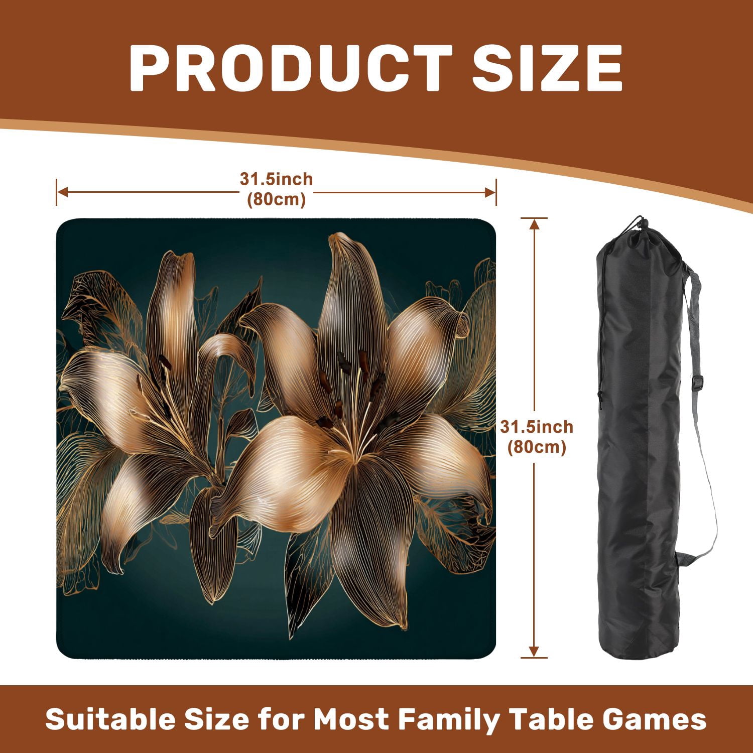 Mahjong Mat 31.5" x 31.5" Vintage luxury seamless floral golden lilies flowers Non-Slip Noise Reduction American Mahjong Tiles Table Cover for Dominoes Poker Card Board Games Gift
